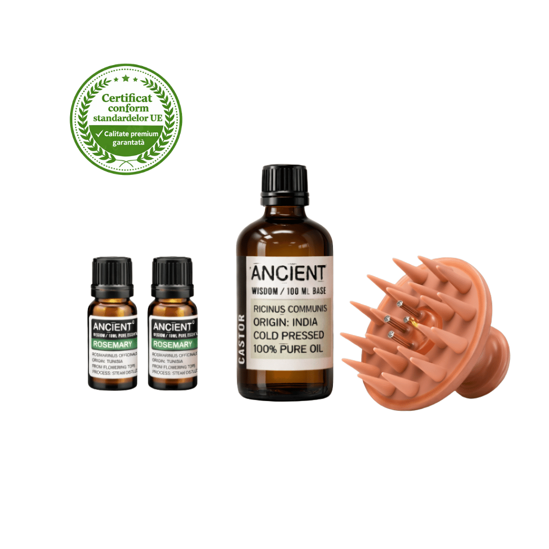 Pachet Promo Ritual Păr & Scalp – Perie + Ulei de Ricin +Set de 2 Ulei Rozmarin
