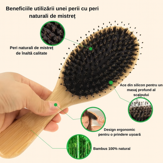 Perie de par din bambus cu peri de mistret