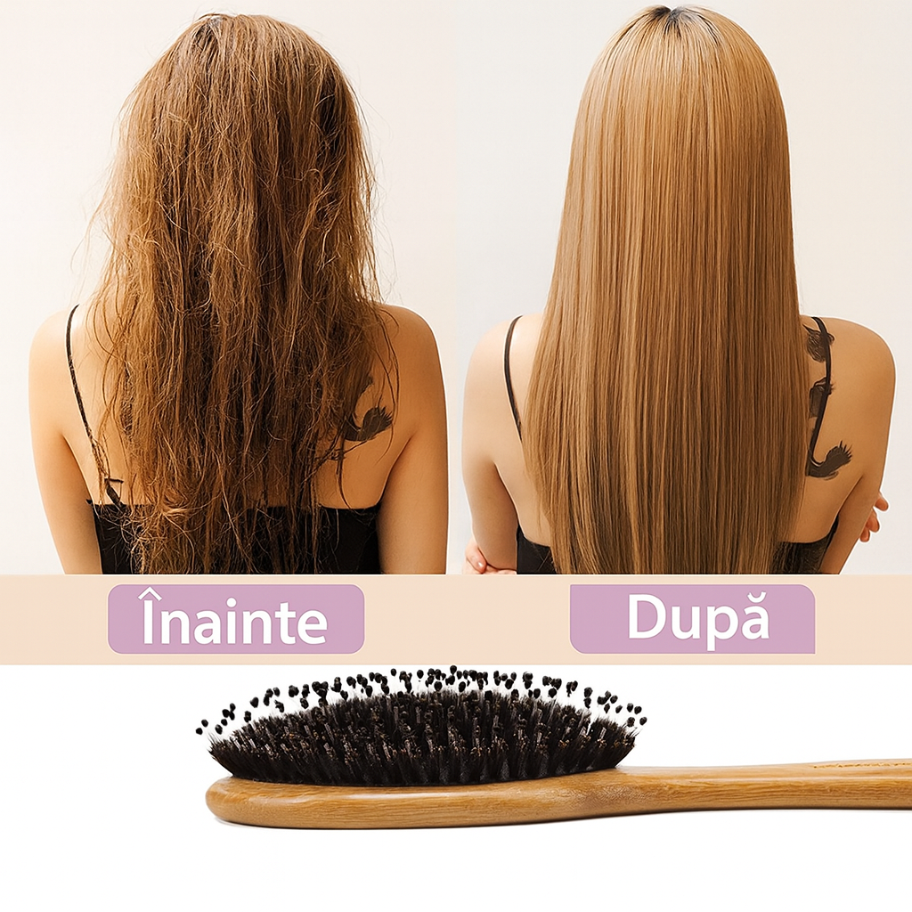 Perie de par din bambus cu peri de mistret