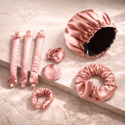 Pachet PINK Ondulare & Protejare – Scrunchie din satin + Boneta + Set de 3 ondulatoare