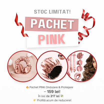 Pachet PINK Ondulare & Protejare – Scrunchie din satin + Boneta + Set de 3 ondulatoare