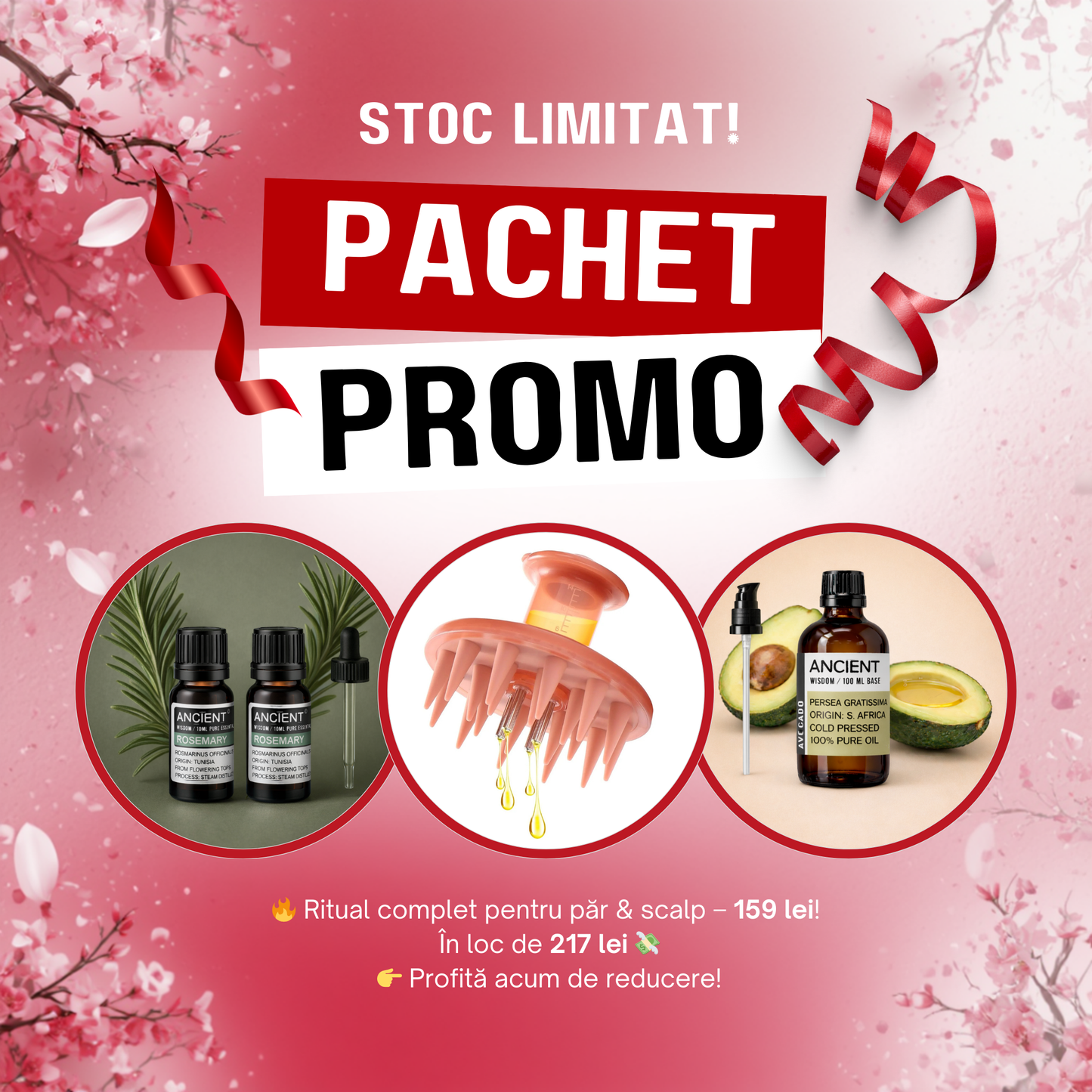 Pachet Promo Ritual Păr & Scalp – Perie + Ulei de Avocado + Ulei Rozmarin