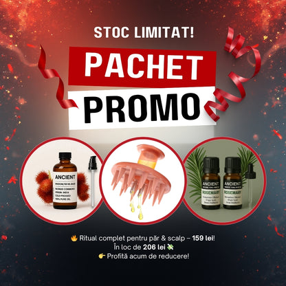Pachet Promo Ritual Păr & Scalp – Perie + Ulei de Ricin + Ulei Rozmarin